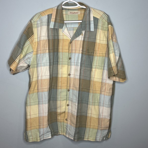 Tommy Bahama Other - Tommy Bahama Mens XL Silk Linen Camp Shirt Yellow Blue Green Plaid Classic Vacay